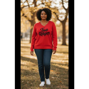 True Religion Red V-Neck Sweater with Black Logo, Size L